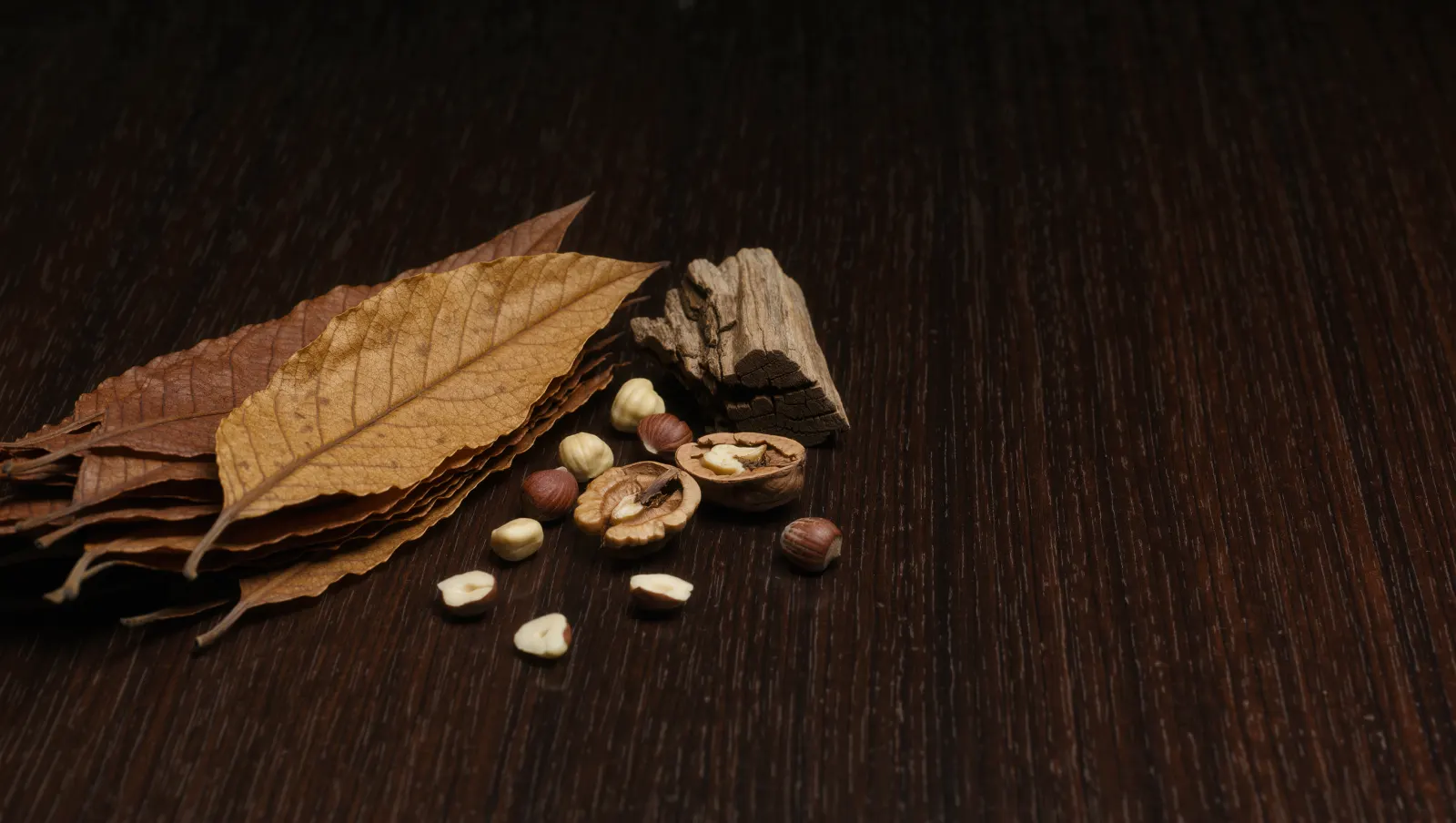 Illustration of cured tobacco leaves, hazelnuts and a split oak block in warm amber light, evoking the toasted, nutty and woody notes described for TEREA Amber