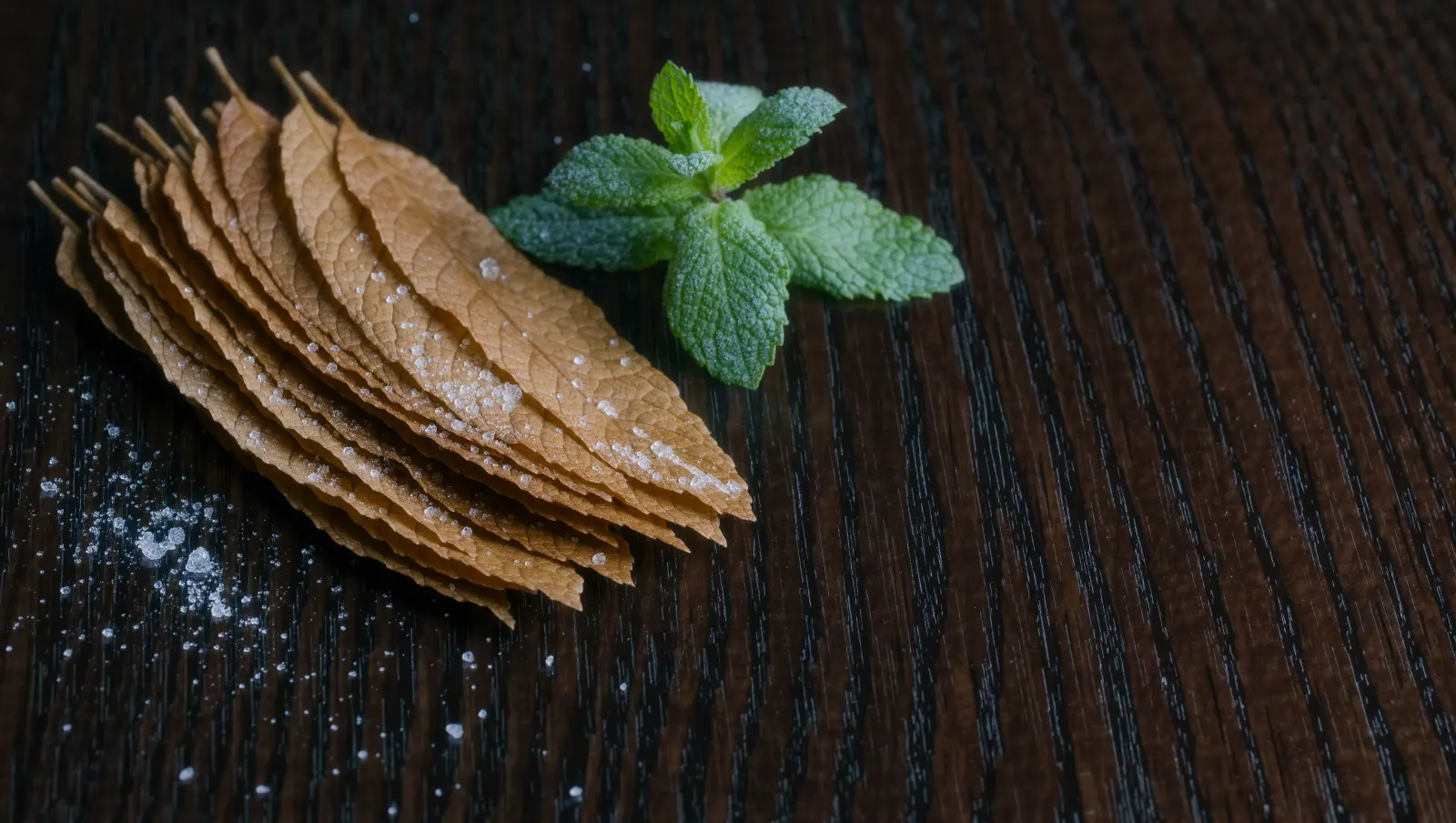 Illustration of tobacco leaves, peppermint sprigs and frost crystals, evoking the flavor notes described for TEREA Blue