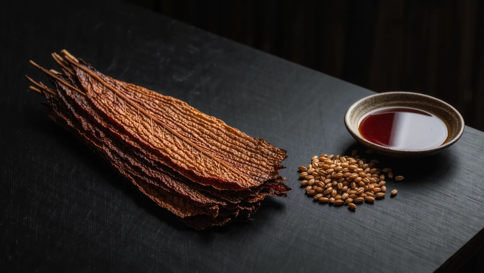Illustration of toasted tobacco leaves, roasted malted barley and a dish of dark malt on a dark table, evoking TEREA Russet