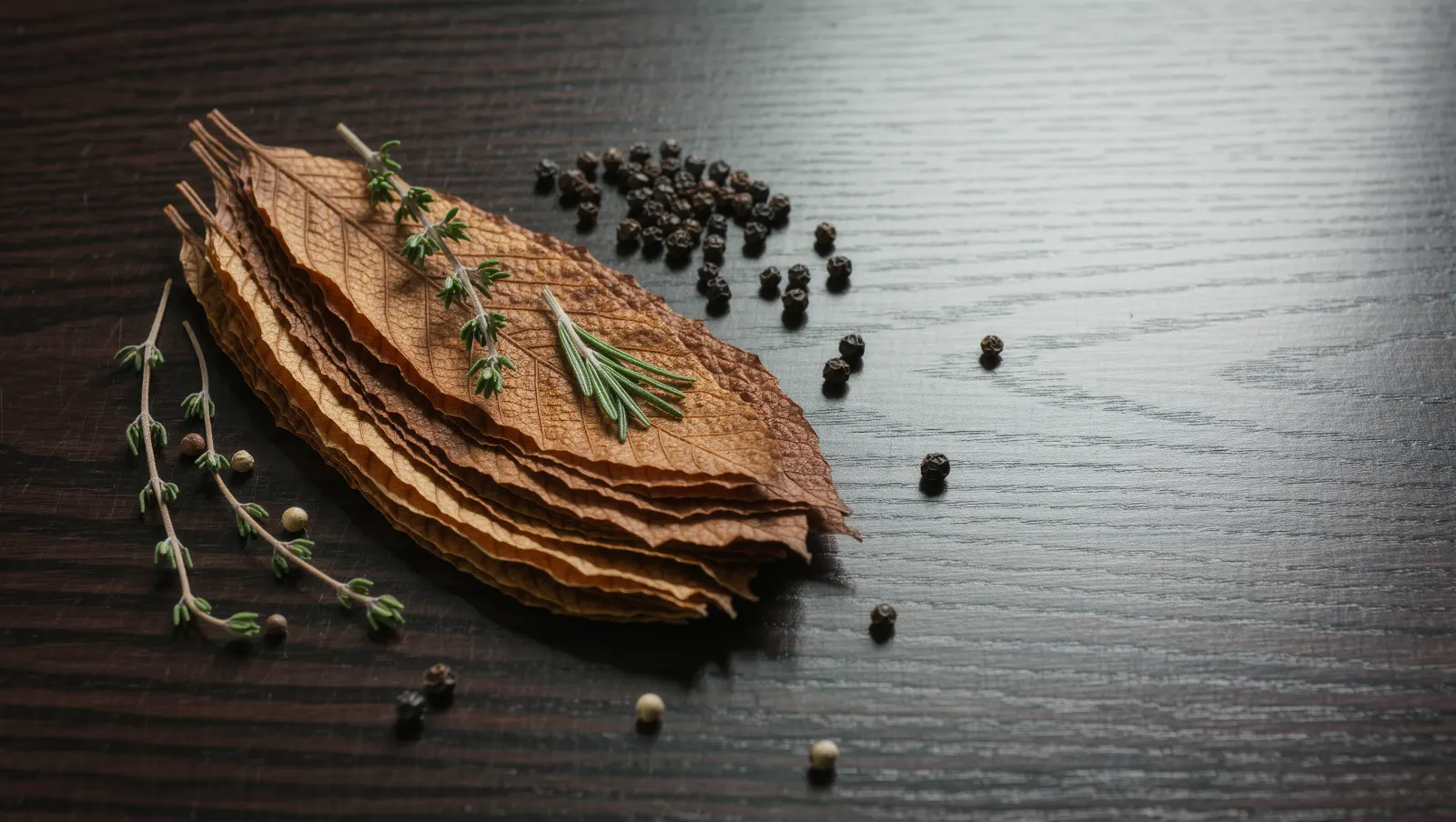 Illustration of cured golden tobacco leaves, sprigs of dried thyme and rosemary and cracked black pepper on a dark walnut table, suggesting the toasted tobacco and spicy herb notes of TEREA Silver