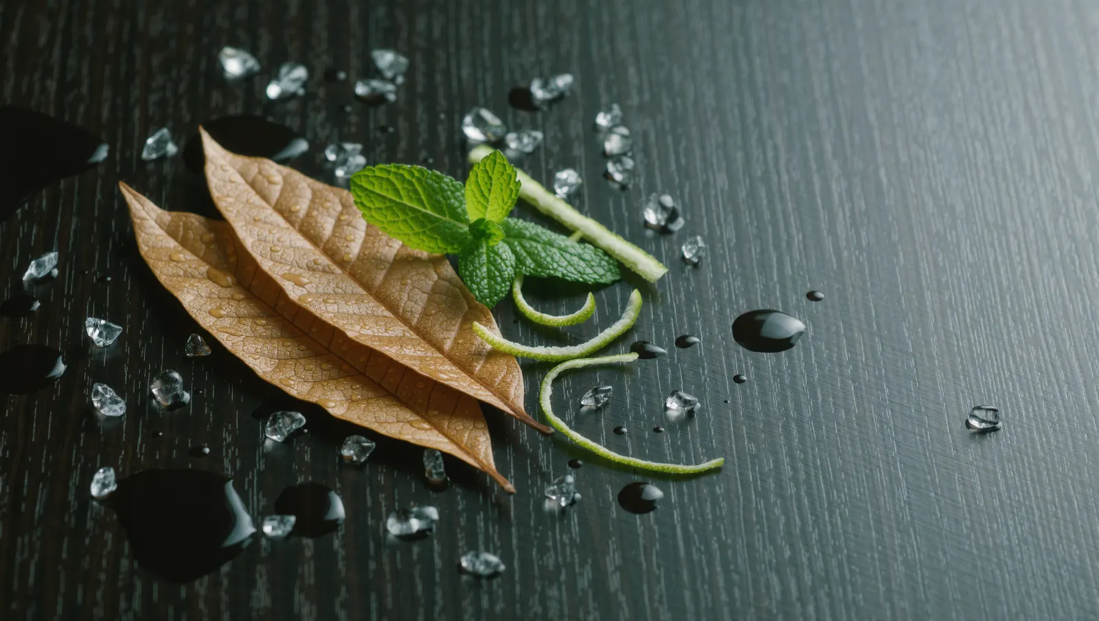 Illustration of cured tobacco leaves, fresh mint leaves, citrus peel and ice crystals in cool light, evoking the toasted, menthol and zesty notes described for TEREA Turquoise